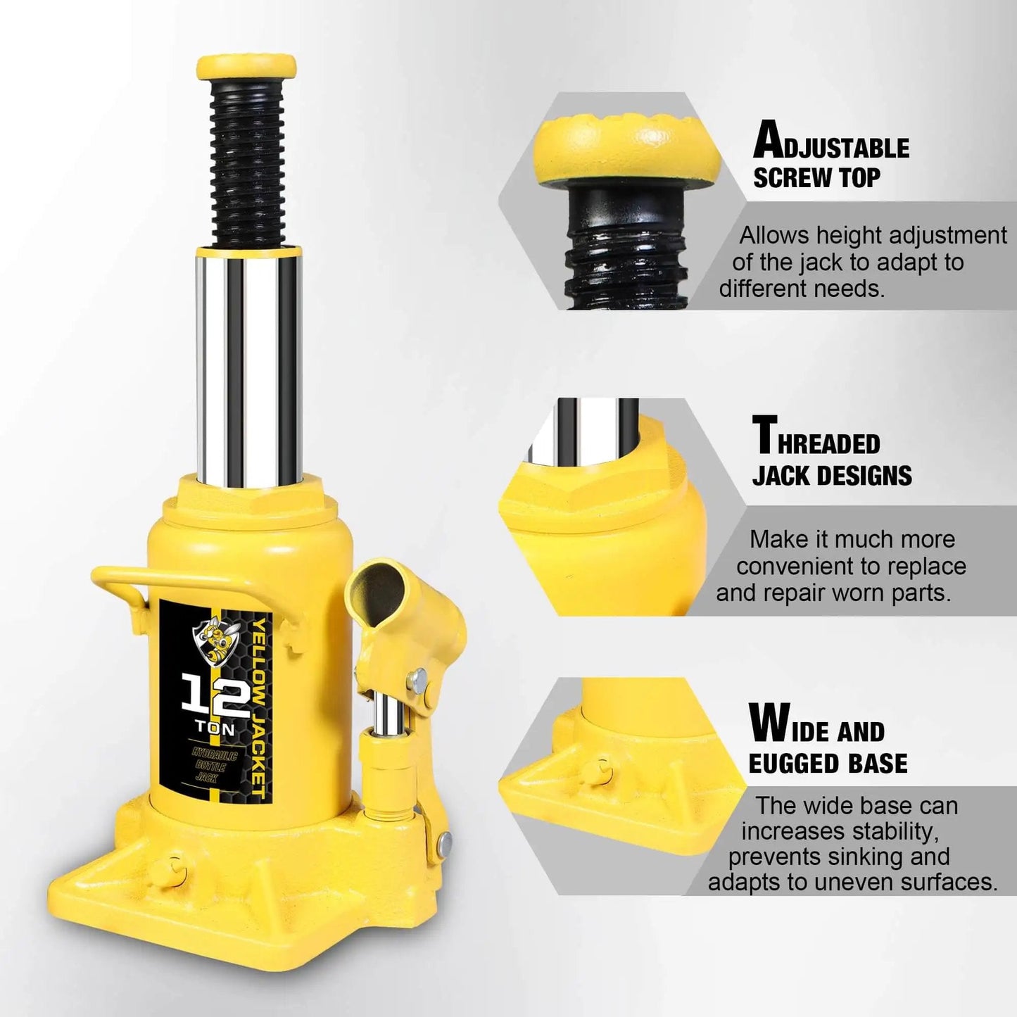 Low Profile 12 Ton Hydraulic Bottle Jack With 24,000 Lbs Capacity, Welded Stubby Jack For Home Garage Pro Shop And Commercial Use, Heavy Duty Lifting Durable Steel Construction From Yellow Jacket, showcased with adjustable screw top, threaded jack designs, and wide base