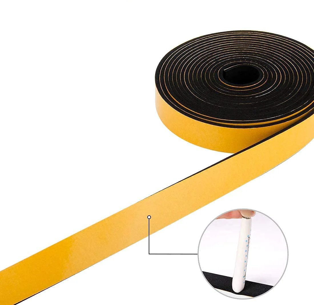 Weather Stripping Foam Tape Two Pack One Inch Wide Three Quarter Inch Thick With Adhesive For Doors And Cars Airtight Draft Busting Seal For Windows And AC Units Thirteen Feet Total Length Flexible Neoprene Foam Strips Per Roll on a roll, showing adhesive side.