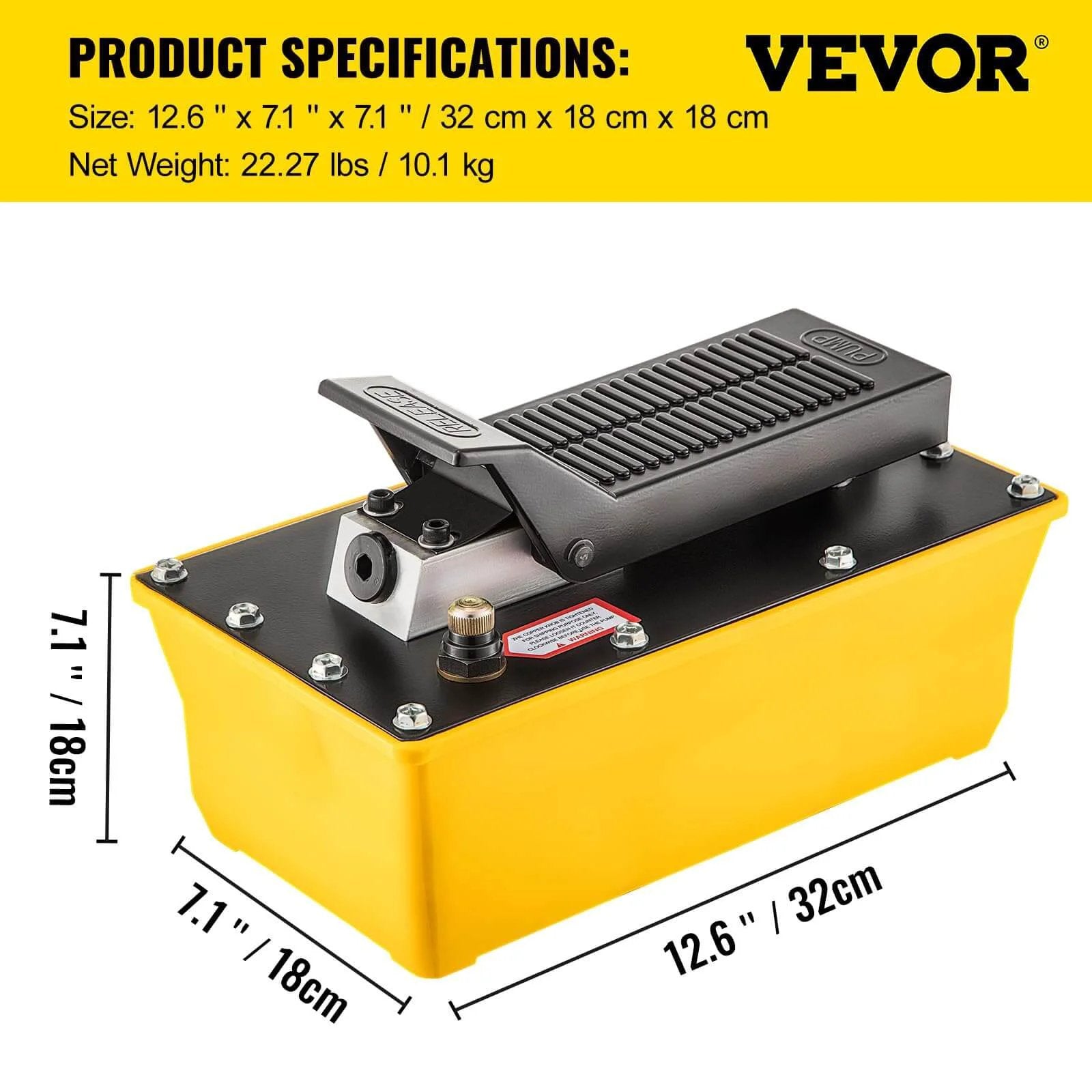Air Hydraulic Pump, 10,000 PSI Hydraulic Foot Pump with 0.6 Gal Reservoir in yellow and black, shown with dimensions