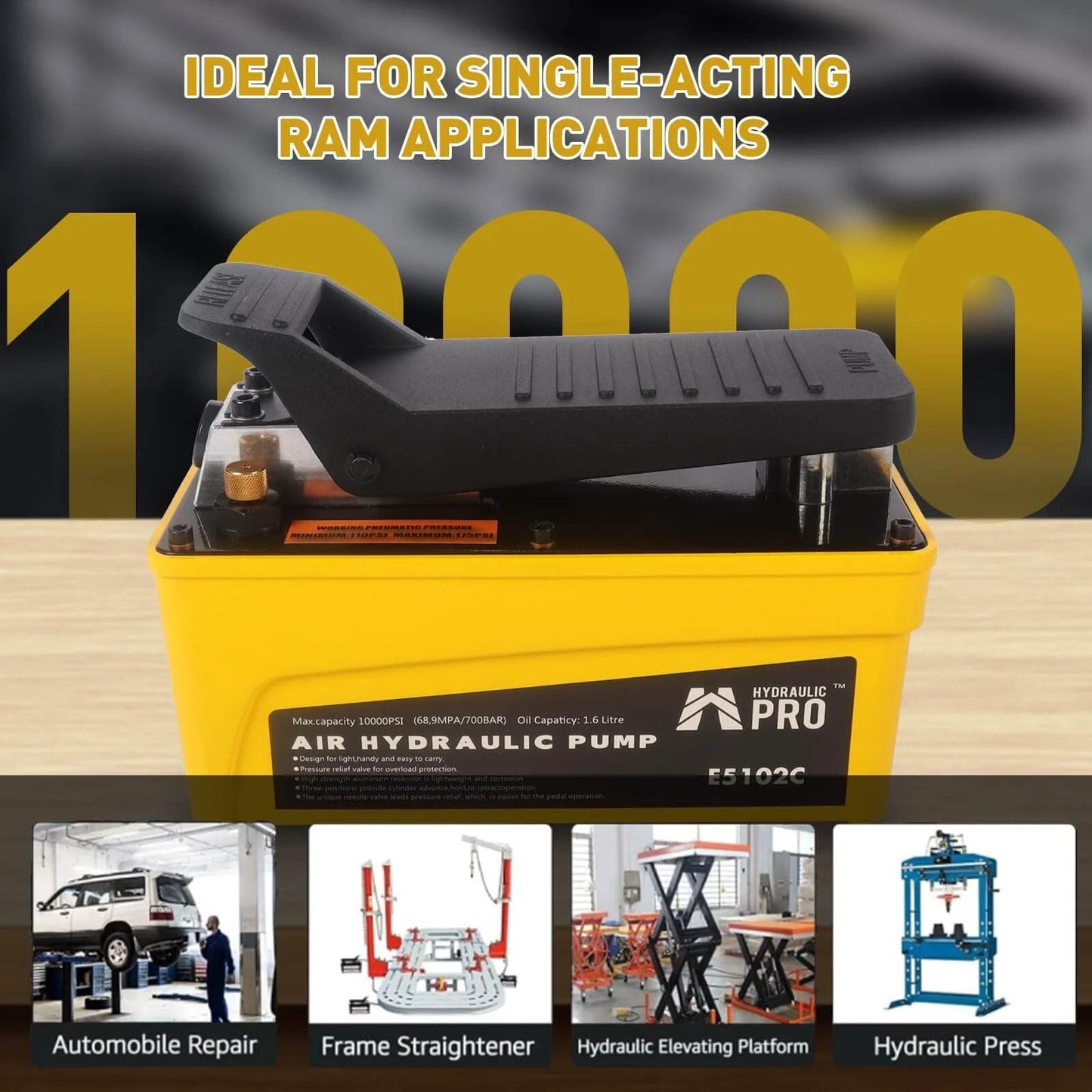 Yellow HYDRAULIC PRO 10,000 PSI Air Hydraulic Pump with foot pedal, 1.6L reservoir, ideal for auto repair and hydraulic press use.