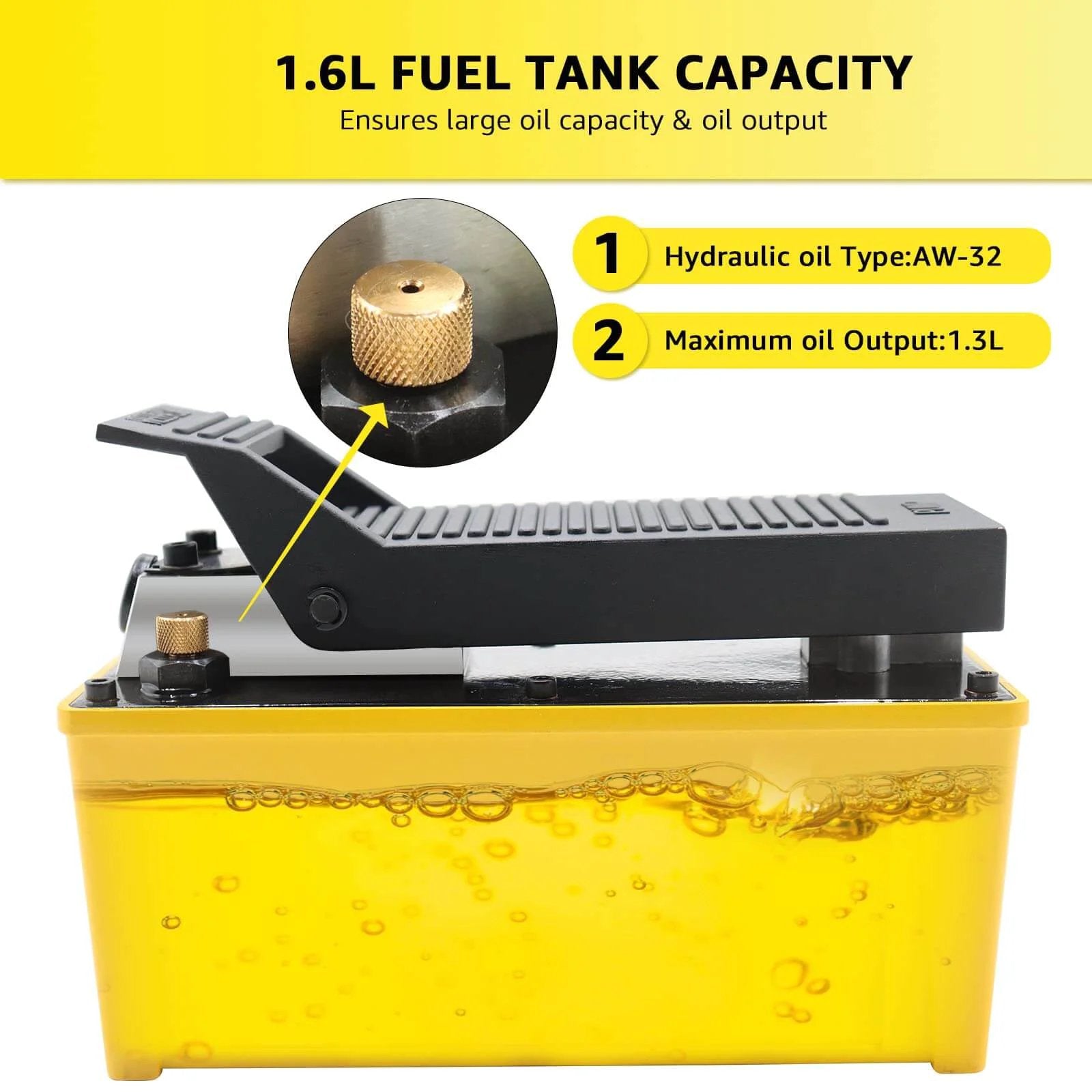Air Hydraulic Pump, 10,000 PSI 1/2 Gal Reservoir, NPT 3/8" Oil Outlet, Yellow pump with foot treadle and 1.6L capacity labels