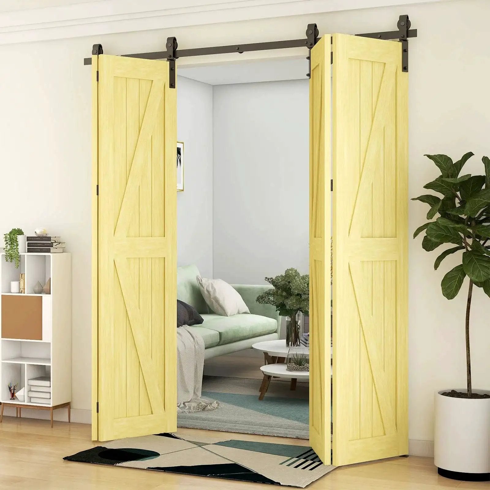 108 Inch Bi Folding Sliding Barn Door Hardware Kit With 9 Foot Heavy Duty Track And Nylon Roller Bearings For Max 26 Inch By 4 Doors Heavy Duty Steel Anti Corrosion Black Finish Smooth Quiet And Easy To Install For Closet And Accordion Doors No Door Panel installed in living room setting