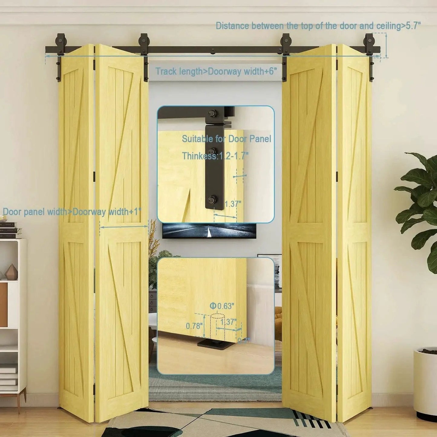 108 Inch Bi Folding Sliding Barn Door Hardware Kit with 9 Foot Heavy Duty Track and Nylon Roller Bearings installed view