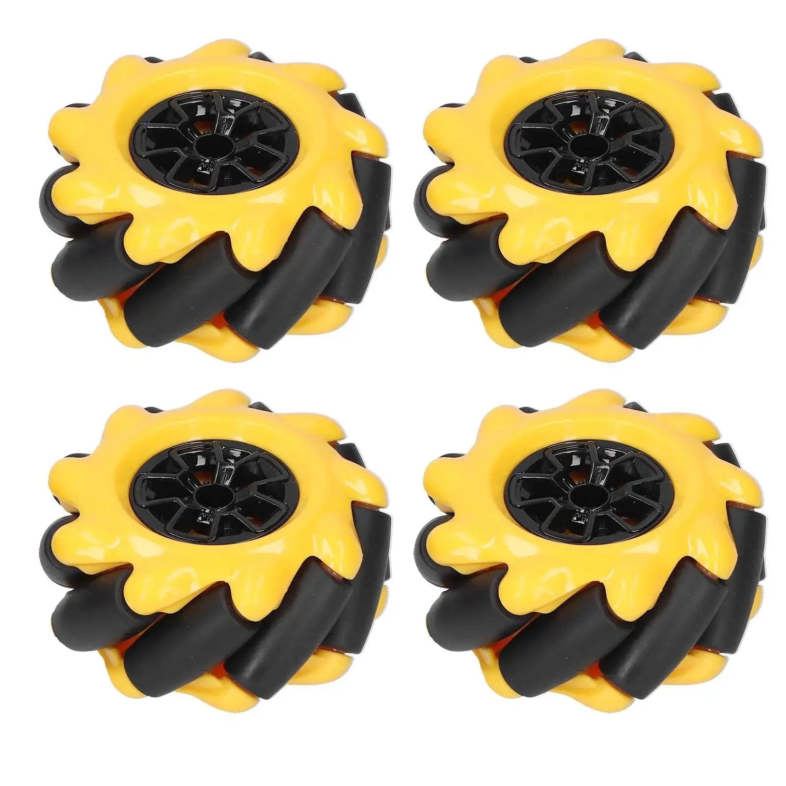 Four durable yellow and black 2.4 inch Mecanum wheels for four-wheel drive RC cars and smart robots, Chiciris, DIY component.