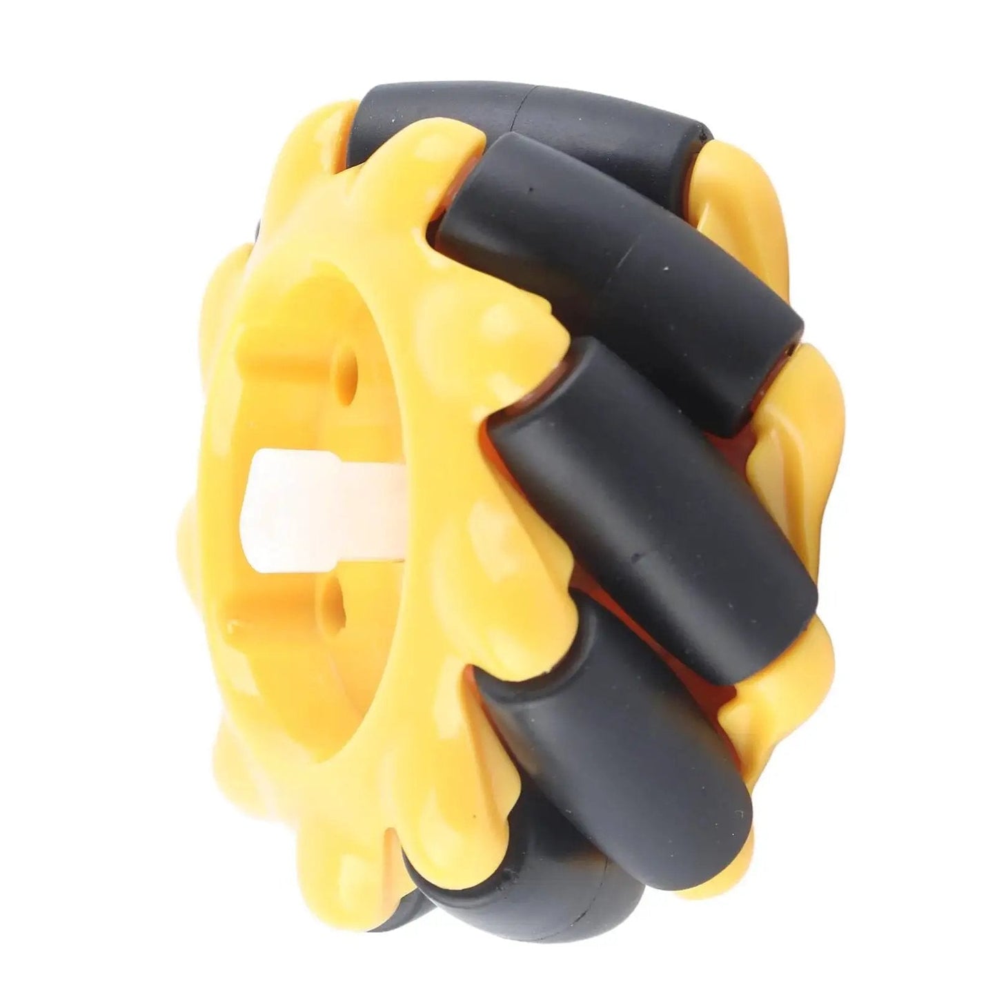 Close-up of Mecanum Wheel Set for Four Wheel Drive RC Cars and Smart Robots Durable Yellow and Black 2.4 Inch Robot Wheels