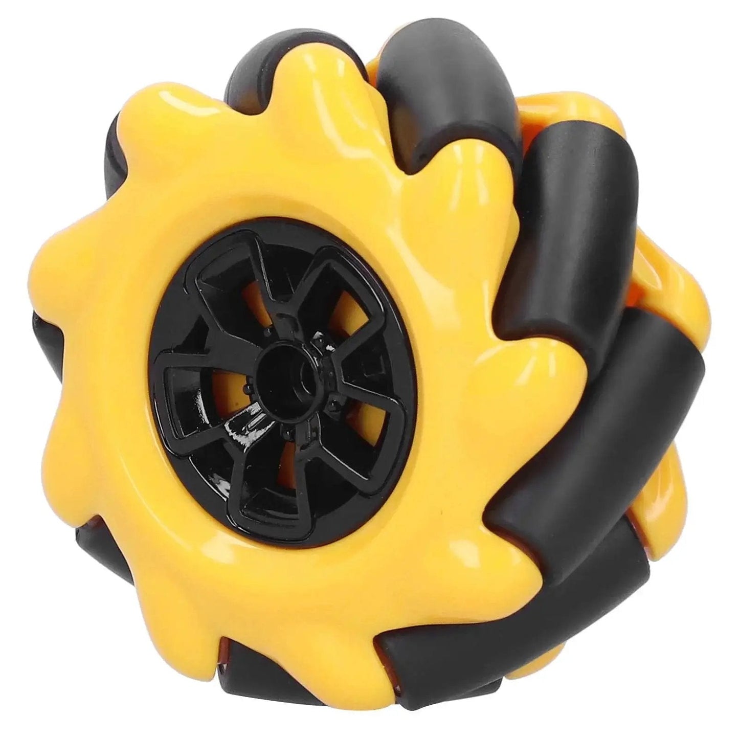 Yellow and black Mecanum Wheel Set for Four Wheel Drive RC Cars and Smart Robots, 2.4-inch robotic wheel showing omni-directional design.