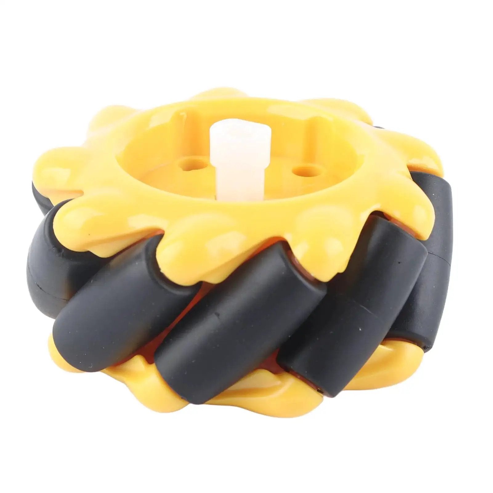 Yellow and black 2.4 inch Mecanum Wheel for Four Wheel Drive RC Cars and Smart Robots, featuring omni-directional mobility