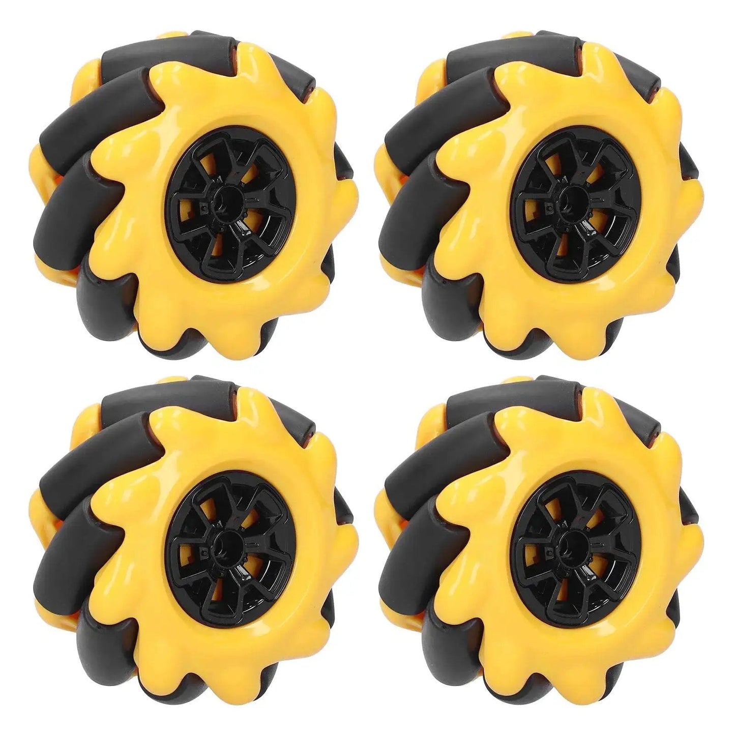 Four yellow and black mecanum wheels for RC cars and smart robots, featuring 2.4 inch durable design and omni-directional movement.