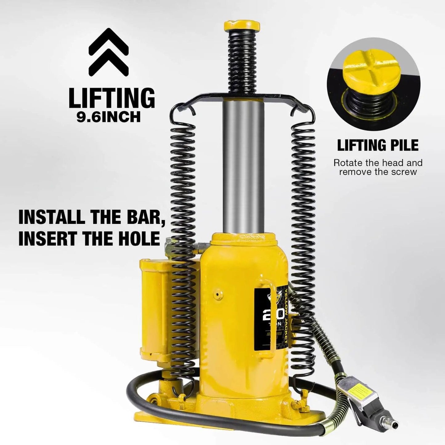 Massive 20 Ton Pneumatic Bottle Jack For Trucks And Autos With Air And Manual Pump, Adjustable Lift From About 10 7/16 In To 20 1/16 In