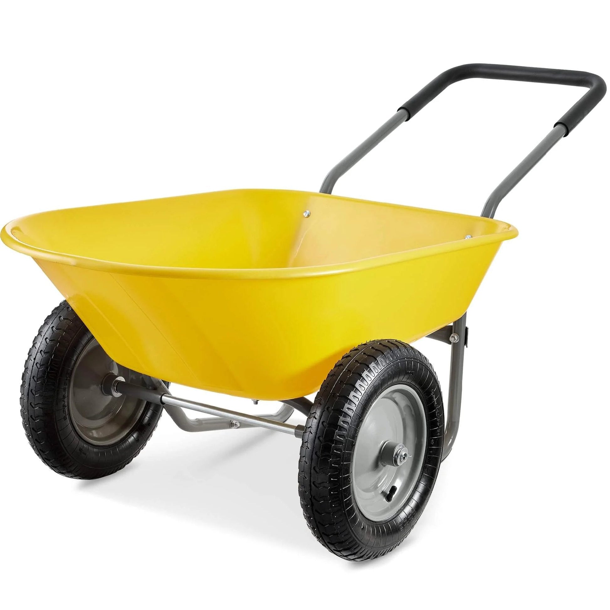 Dual Wheel Home Utility Yard Wheelbarrow Garden Cart with Built In Stand 5 Cubic Foot Capacity 330 lb Load Yellow front view
