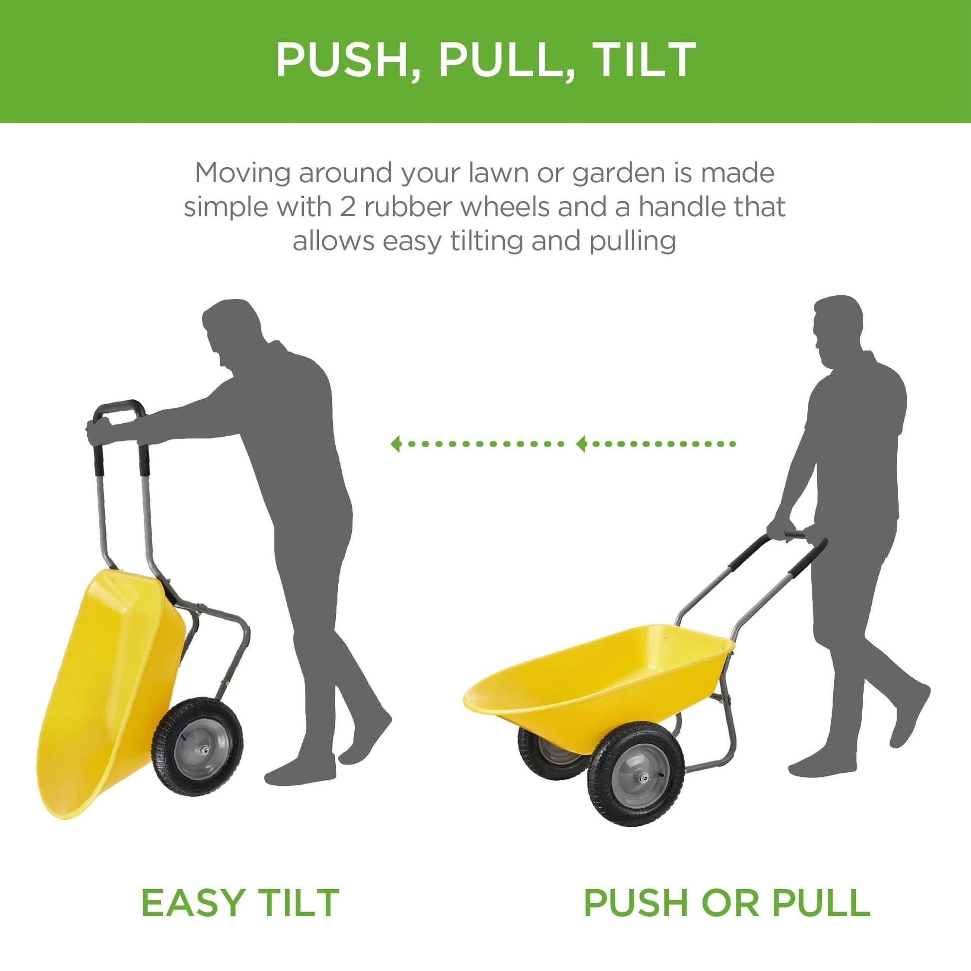 Silhouette using Dual Wheel Home Utility Yard Wheelbarrow Garden Cart with Built In Stand 5 Cubic Foot Capacity 330 lb Load Yellow.