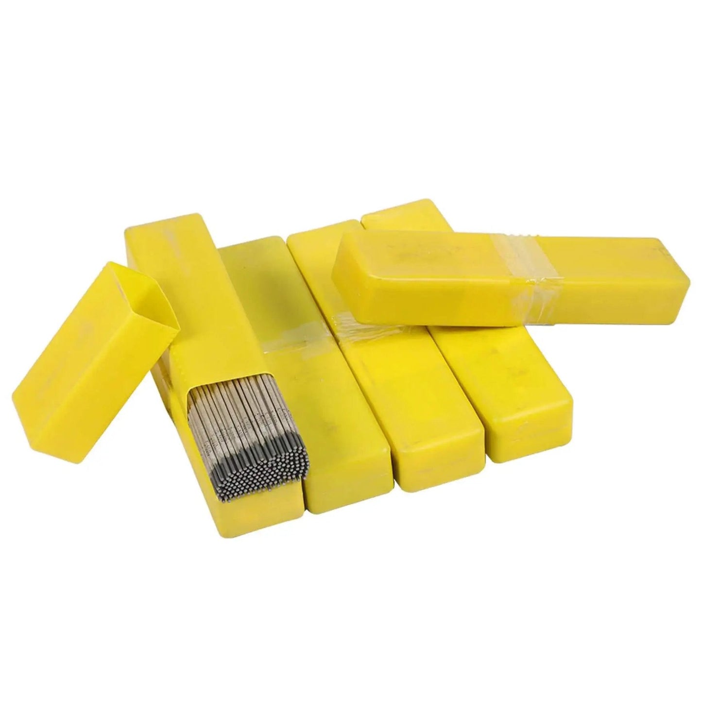 E6011 1/8 Inch Arc Welding Rod, 60 Lb Total in a 6 Pack, 10 Lb Each, smooth arc, low spatter, yellow boxes on display