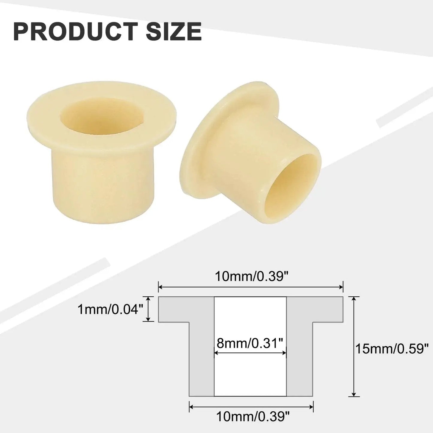 Diagrams and image of Six Pcs Flanged Sleeve Bearings 8 mm Inner Diameter 10 mm Outer Diameter 10 mm Length POM Plastic Bushing Yellow