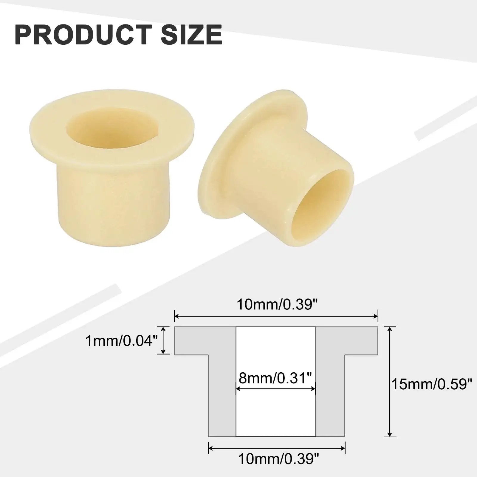 Diagrams and image of Six Pcs Flanged Sleeve Bearings 8 mm Inner Diameter 10 mm Outer Diameter 10 mm Length POM Plastic Bushing Yellow