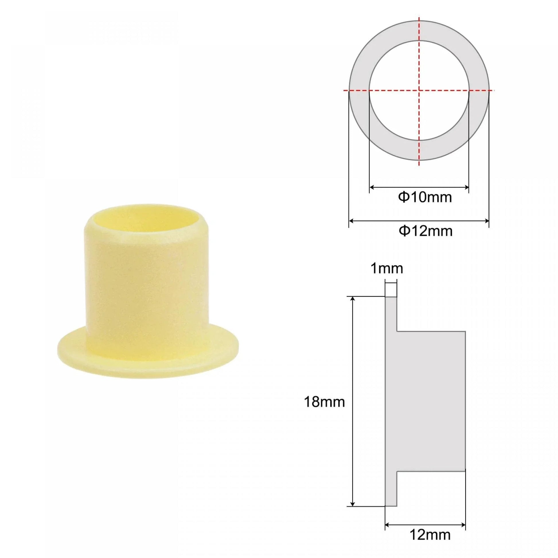 Flanged Sleeve Bearing Set 10mm Bore 12mm Outer Diameter 12mm Length POM Wrapped Oilless Bushings Yellow with diagram