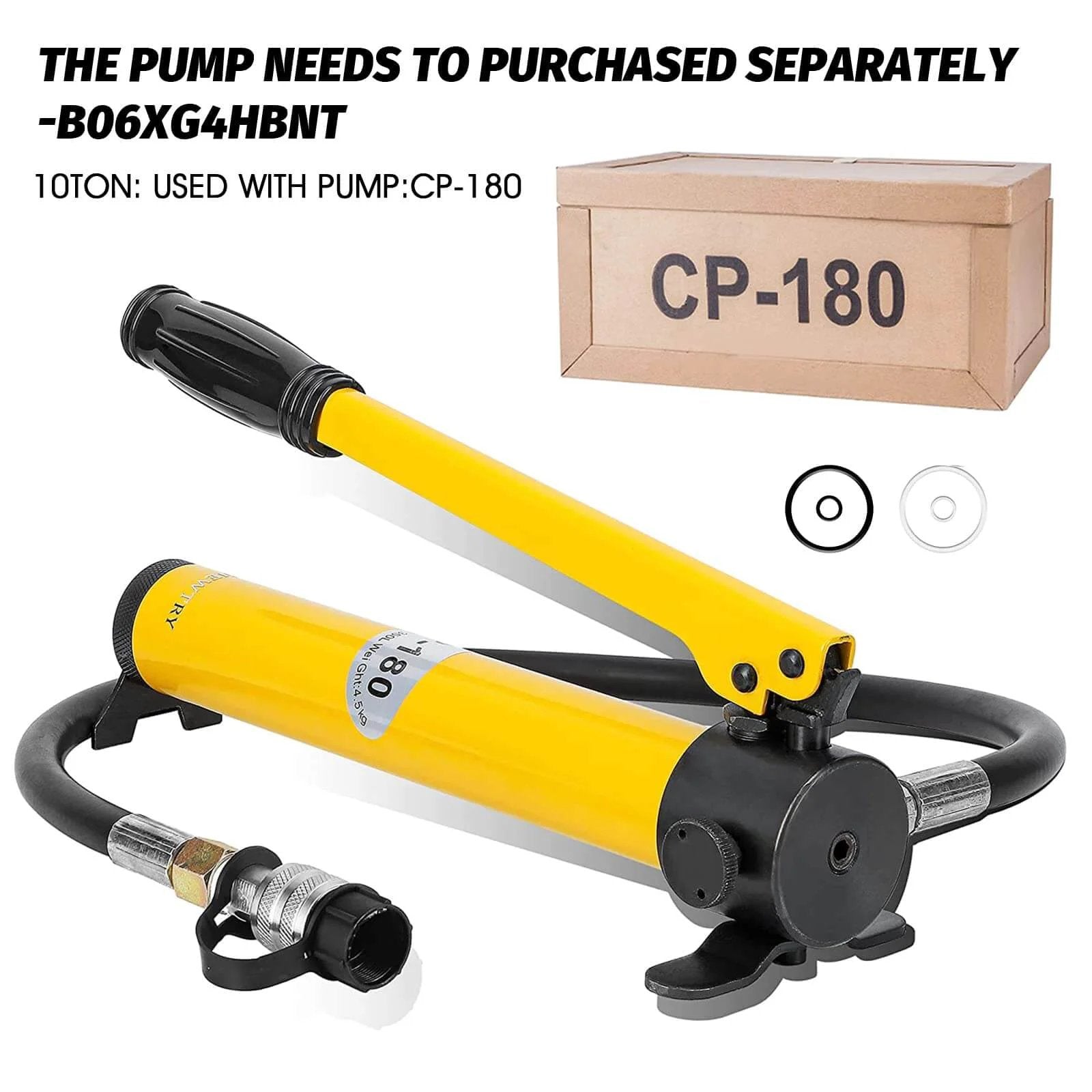 Yellow hydraulic cylinder assembly CP-180 with separate pump box for 10 ton Hydraulic Cylinder Long Jack 4” Stroke Porta Power Ram Jack Lifting Cylinder Retract Automatically for Shipbuilding Bridge Construction - Hydraulic Cylinder - Ram - Jack - Porta Power - Force rating: 10 ton - Replacement-ready, shop use,