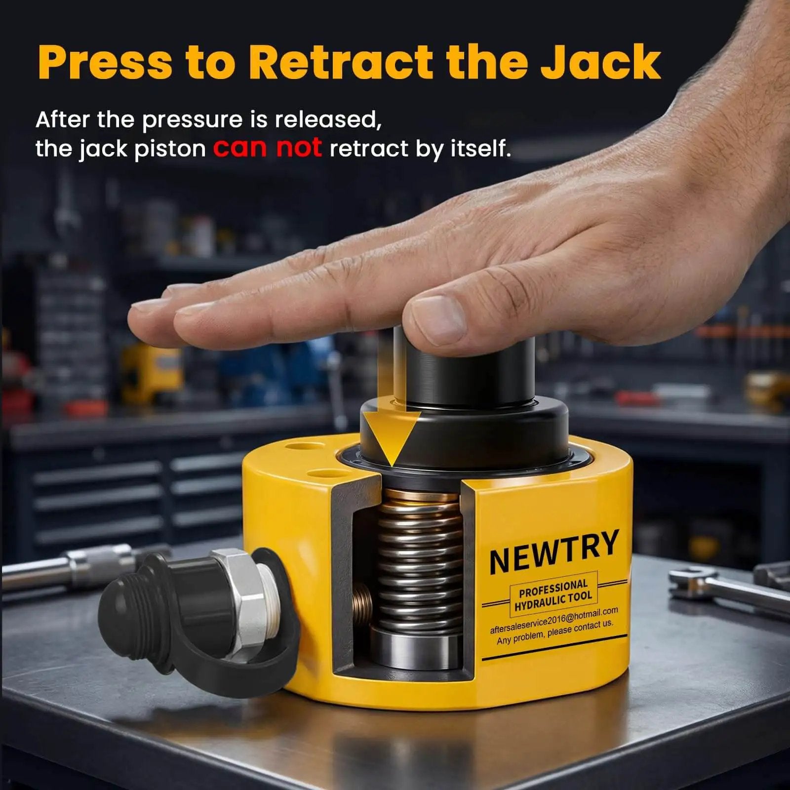 Person pressing 10 Ton Hydraulic Ram Jack With Low Profile Multi Section Cylinder 1 Inch Total Stroke Portable Workhorse for machinery bridges and construction projects Newtry.