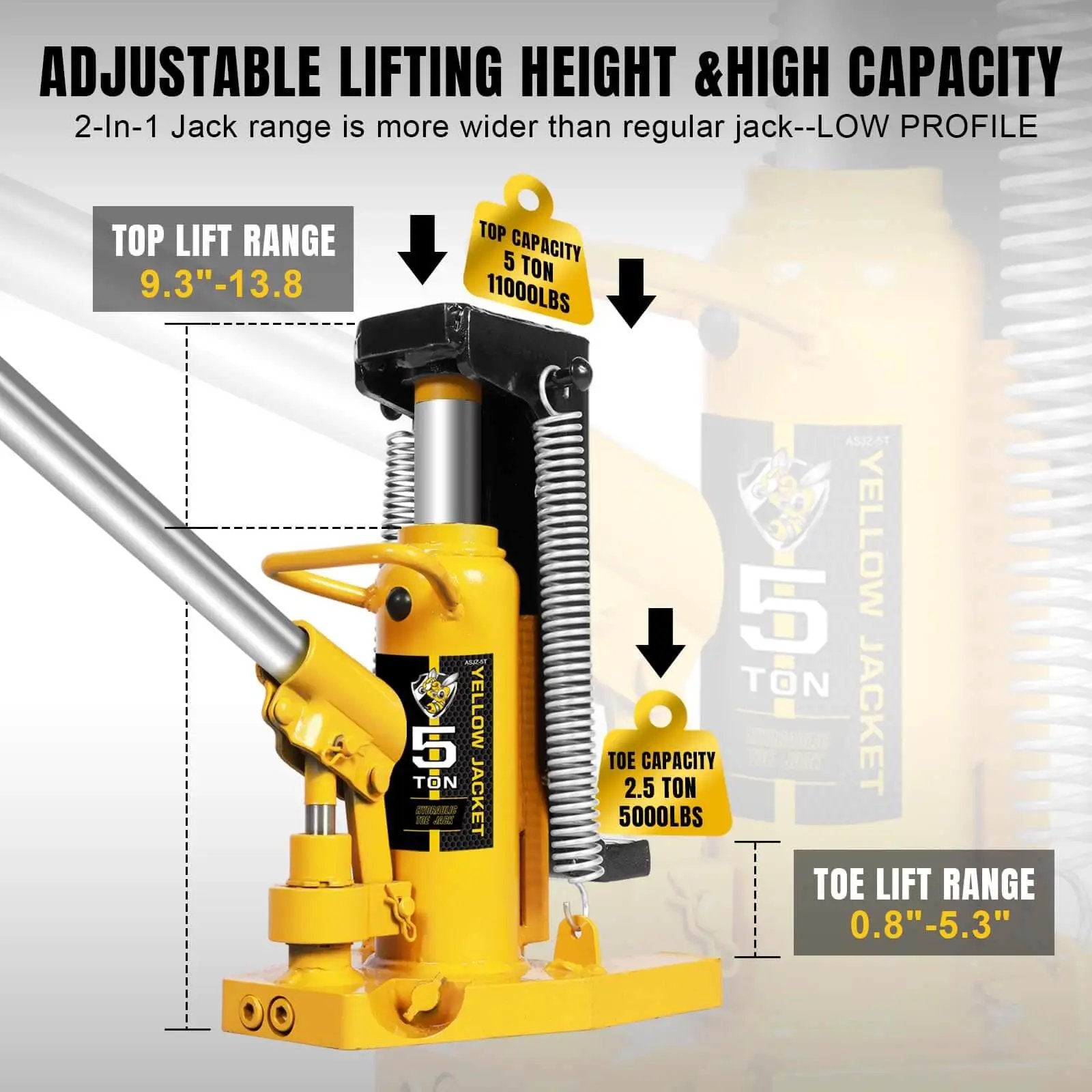 Heavy Duty Toe Jack 2.5 Ton With 5 Ton Top Lift For Cars And Machinery, Air Hydraulic Claw Jack, Low Profile Workhorse
