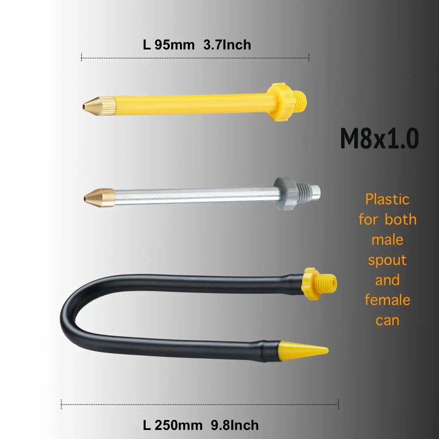 Three spout attachments for two pack metal yellow pump oil can with three spouts for precise lubrication in tight gaps.
