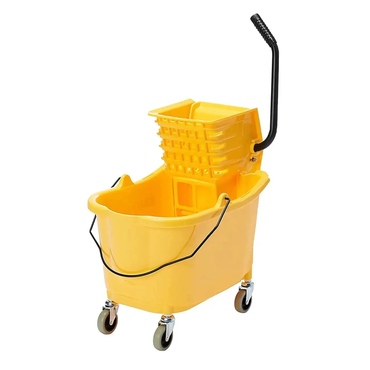 Yellow mop bucket with black handle on 4 pack mop bucket casters replacement 3 inch TPR soft rubber swivel stem caster universal silent wheels
