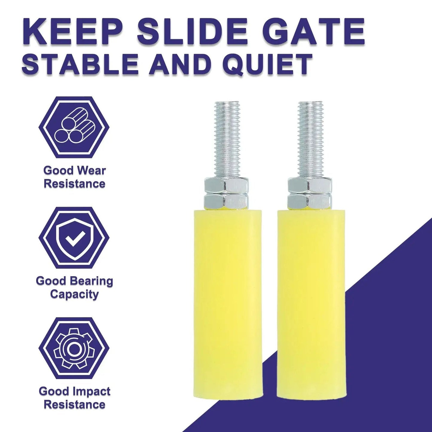 Two yellow 4 Pack Slide Gate Guide Rollers With Nylon Wheels, 3 Inch Gate Support Assembly shown with features highlighted.
