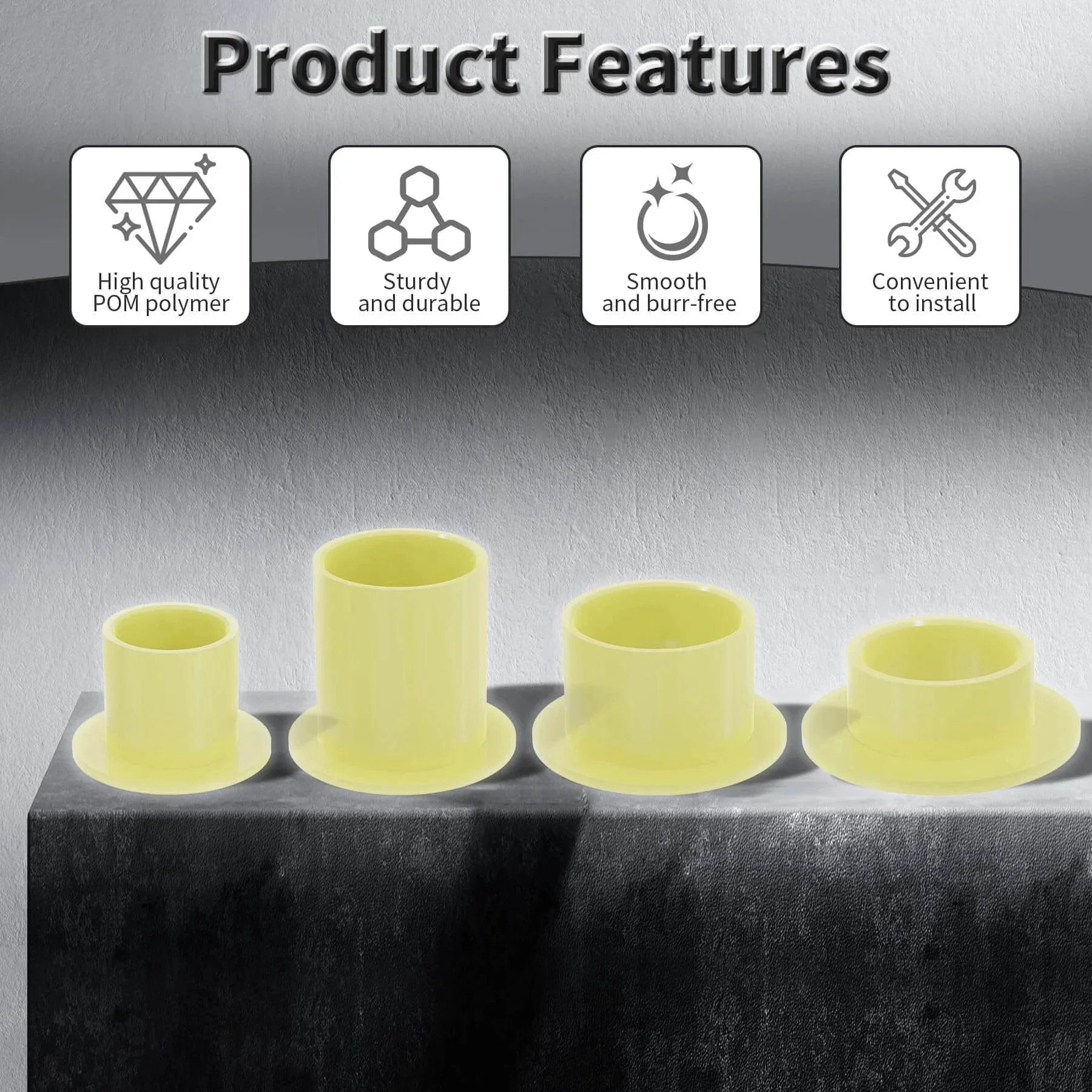 4 Pcs POM Flanged Sleeve Bearings 14mm ID 16mm OD 17mm Length With 22mm Flange Oilless Self Lubricating Yellow Bushing features