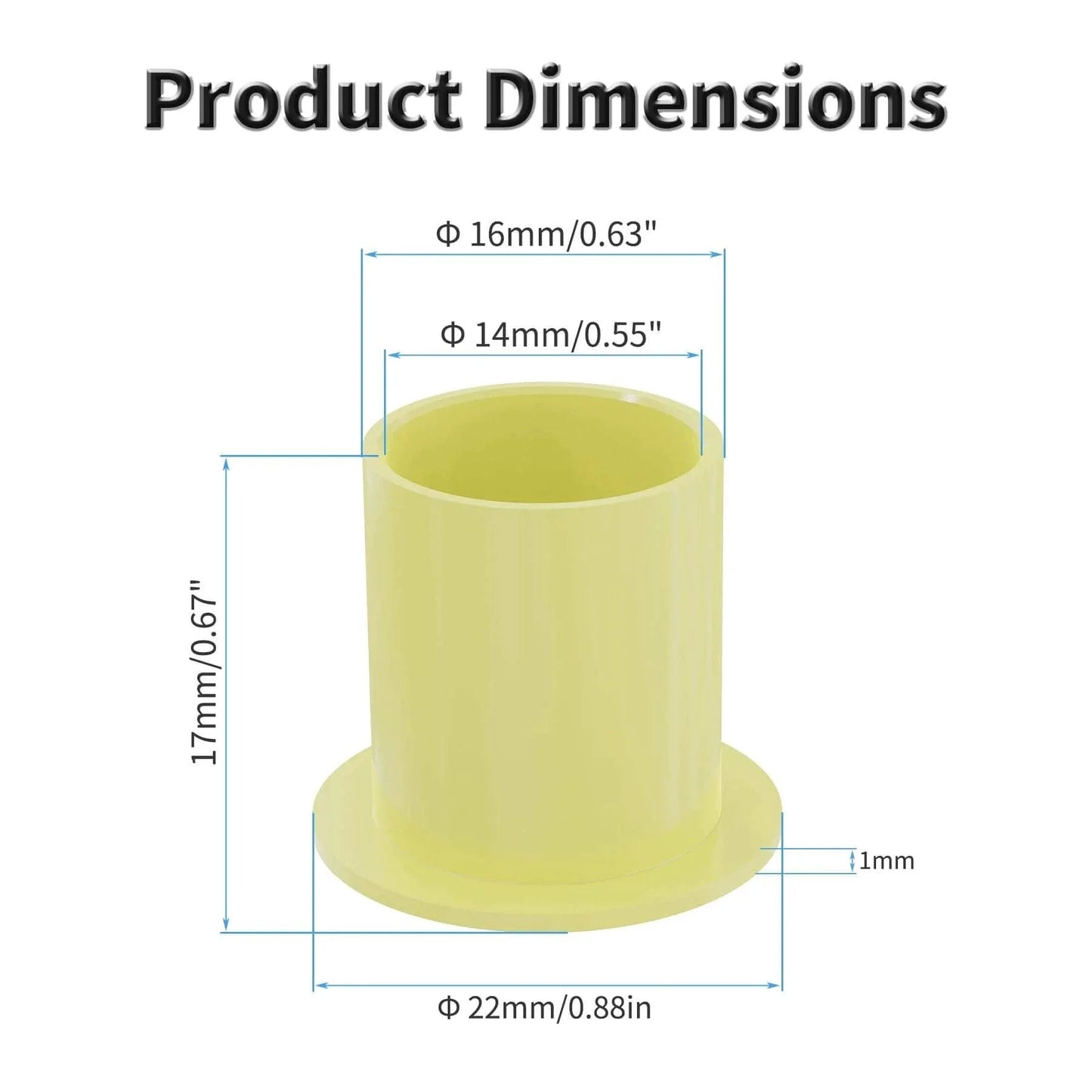 4 Pcs POM Flanged Sleeve Bearings 14mm ID 16mm OD 17mm Length With 22mm Flange Oilless Self Lubricating Yellow Bushing Dimensions