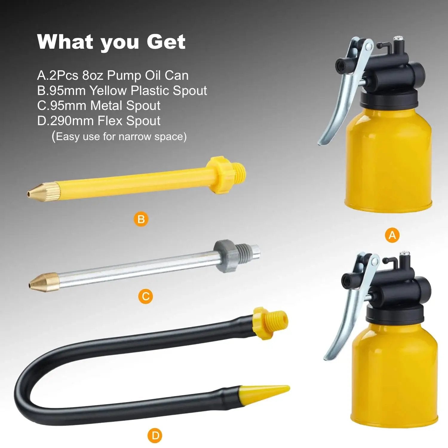 Two Pack Metal Yellow Pump Oil Can with three spouts including flex and metal for precise lubrication in tight gaps
