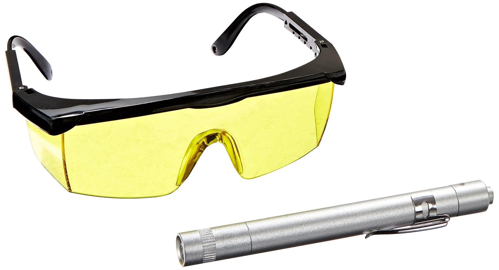 Car AC UV Leak Detector Kit With Pen Light And Protective Glasses Pro Grade Detects O Ring And Hose Leaks Uses UV Dye Includes AAA Batteries Compact Leak Detection Tool For Automotive Air Conditioning, featuring yellow protective glasses and UV pen light.