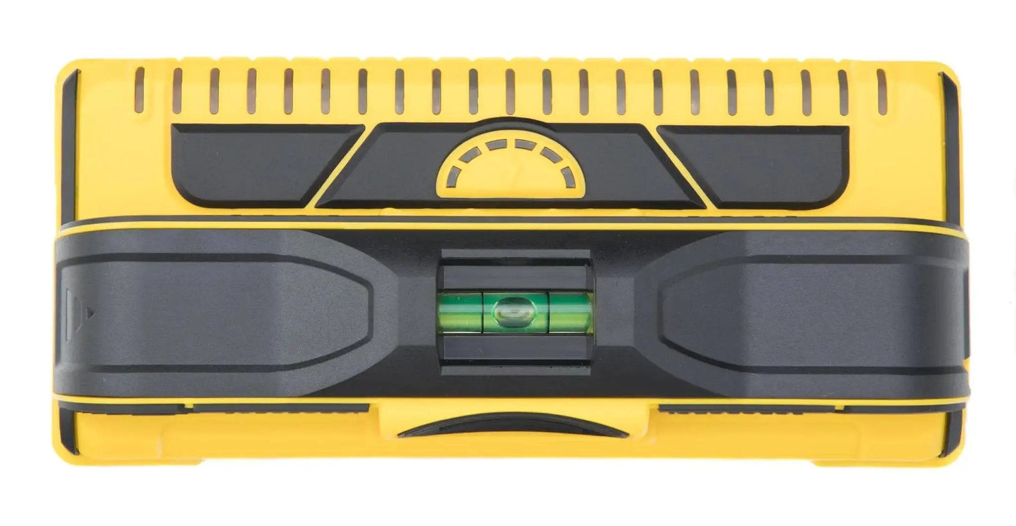 Front view of the ProSensor M210 13-Sensor Stud Finder with yellow and black casing and live wire detection feature.