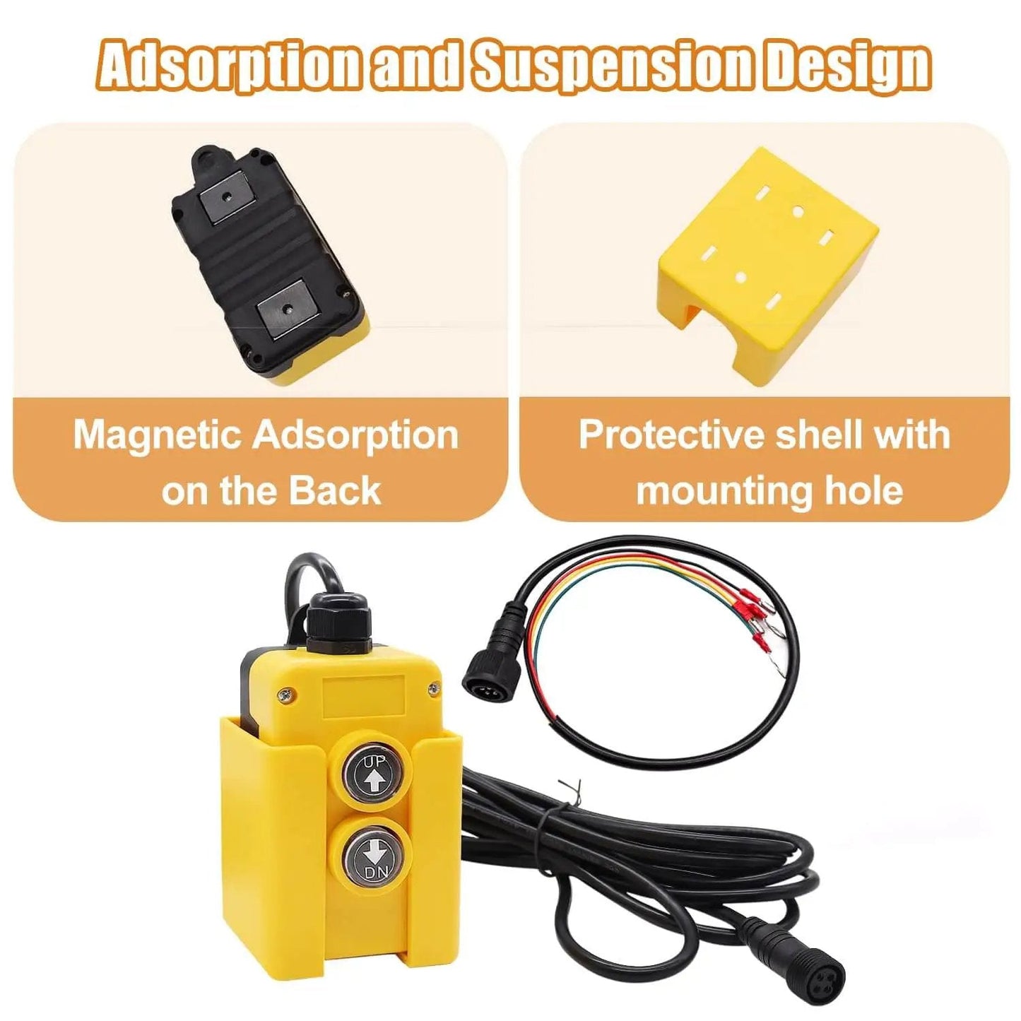 4 Wire Dump Trailer Remote Control Switch 12V DC Up Down Momentary Dual Button Control For Double Acting Hydraulic Pump Power Unit Ideal For Truck Lift Gates Cranes And Wreckers MG018 4W, featuring protective shell, magnetic adsorption, and wiring