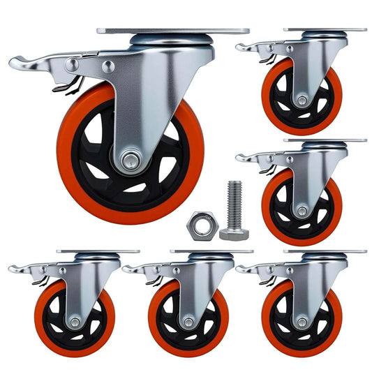 6 piece 4 inch heavy duty locking swivel casters with brake, designed for furniture and carts with a 3300 lb load capacity