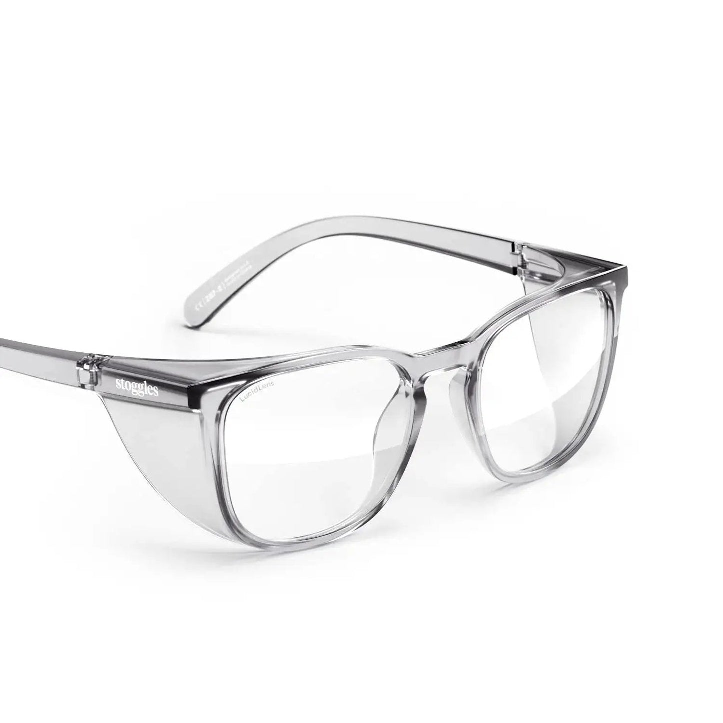 Side view of Z87.1 Certified Safety Glasses with Blue Light Blocking and Anti Fog Coating, clear polycarbonate frame with transparent lenses.