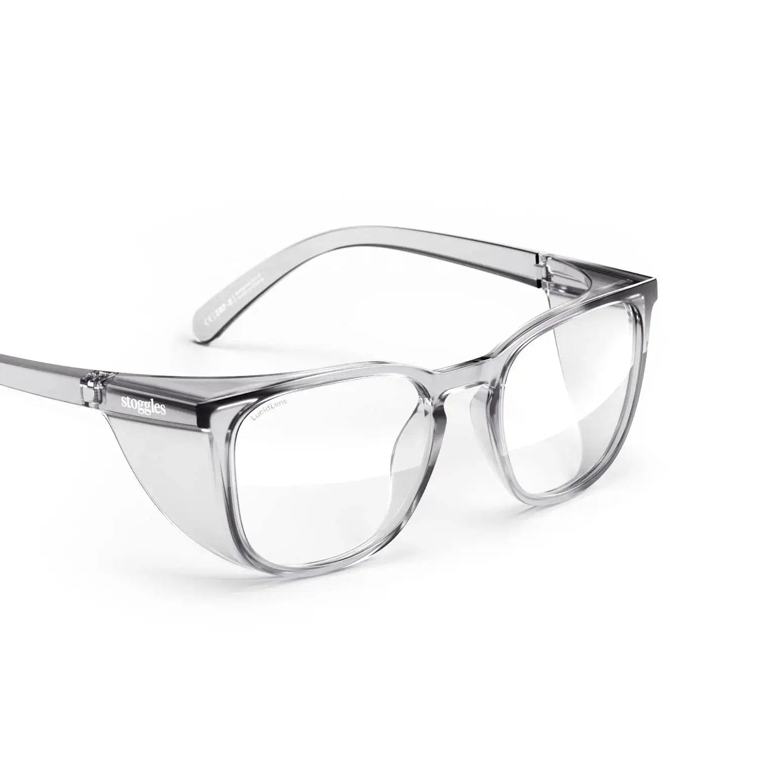 Side view of Z87.1 Certified Safety Glasses with Blue Light Blocking and Anti Fog Coating, clear polycarbonate frame with transparent lenses.