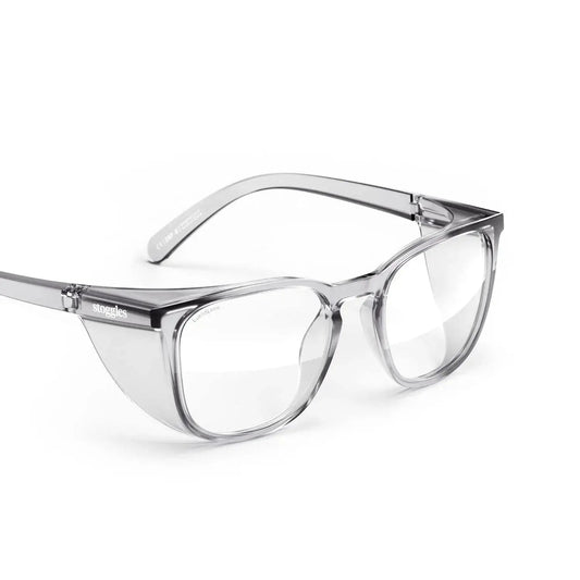 Side view of Z87.1 Certified Safety Glasses with Blue Light Blocking and Anti Fog Coating, clear polycarbonate frame with transparent lenses.