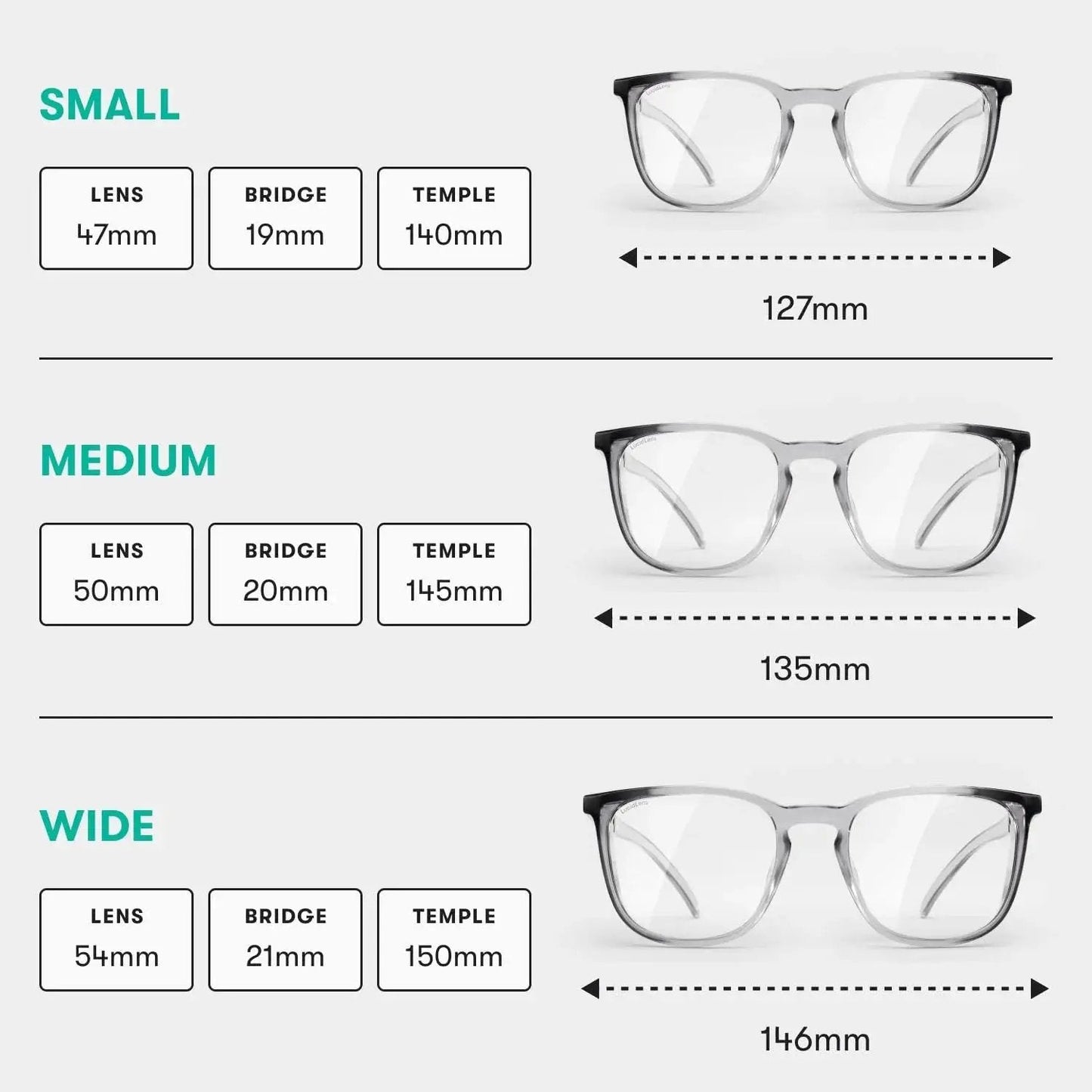 Three sizes of Z87.1 Certified Safety Glasses With Blue Light Blocking And Anti Fog Coating labeled small, medium, and wide