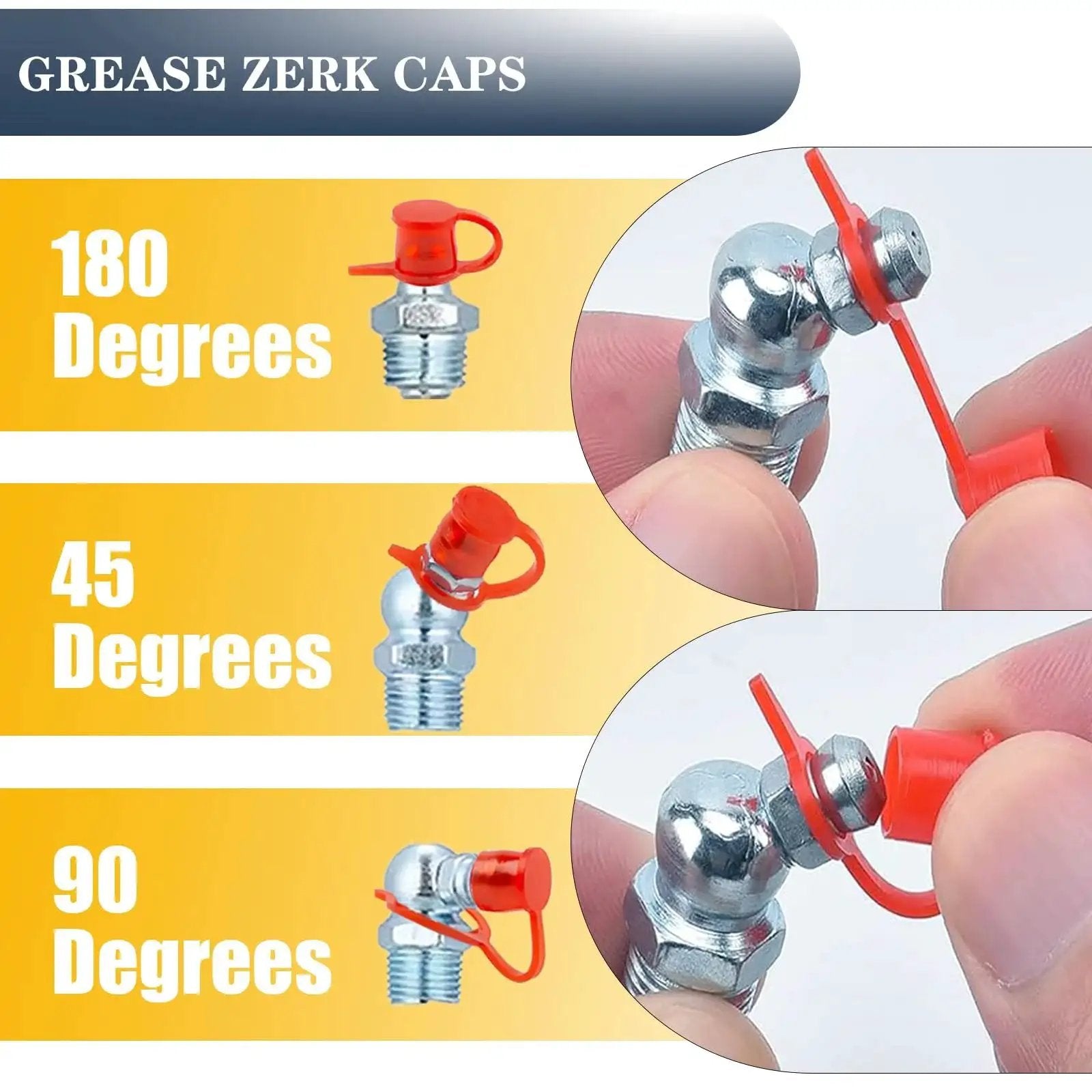 All In One Grease Fittings Kit With 405 Pcs SAE And Metric Zerk Fittings Including NPT One Quarter Inch And One Eighth Inch M6 M8 M10 Straight 45 90 Degree Angles Caps And Wrench Galvanized Steel For Long Lasting Rust Resistance And Smooth Grease Gun Fit showing different angles of zerk fittings with red caps