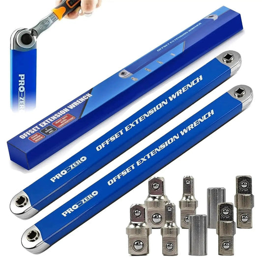 Zero Offset Extension Wrench Set With Half Inch Quarter Inch And Three Eighths Inch Square Drive Adapters, two pack with adapters