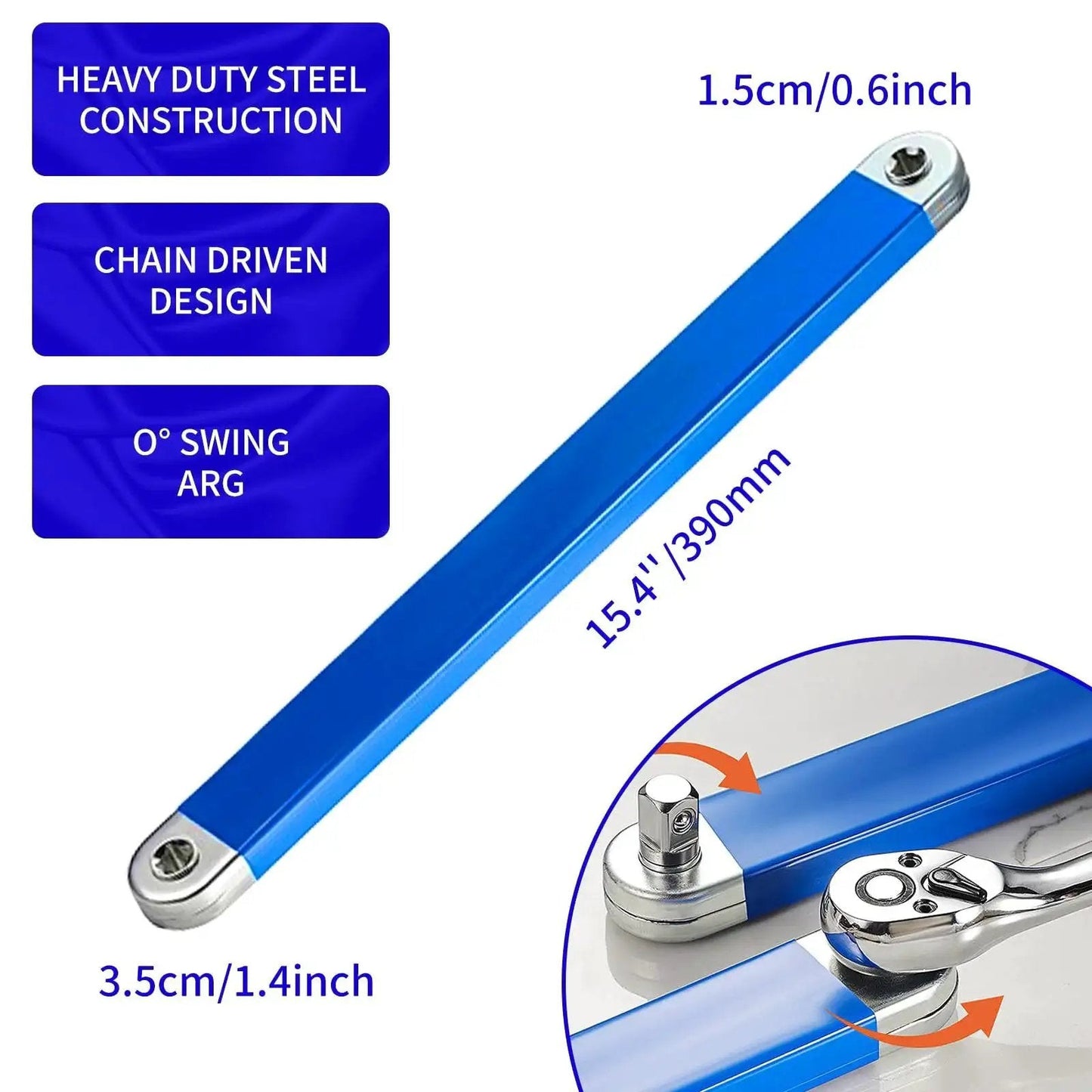 Zero Offset Extension Wrench Set With Half Inch Quarter Inch And Three Eighths Inch Square Drive Adapters shown with dimensions