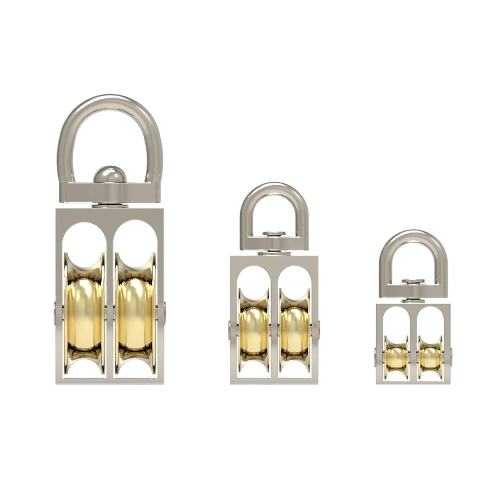 Front view of 58mm Single/Double Wheels Metal Sheave Zinc Alloy Pulley Crown Block for DIY, showing metal and brass components.