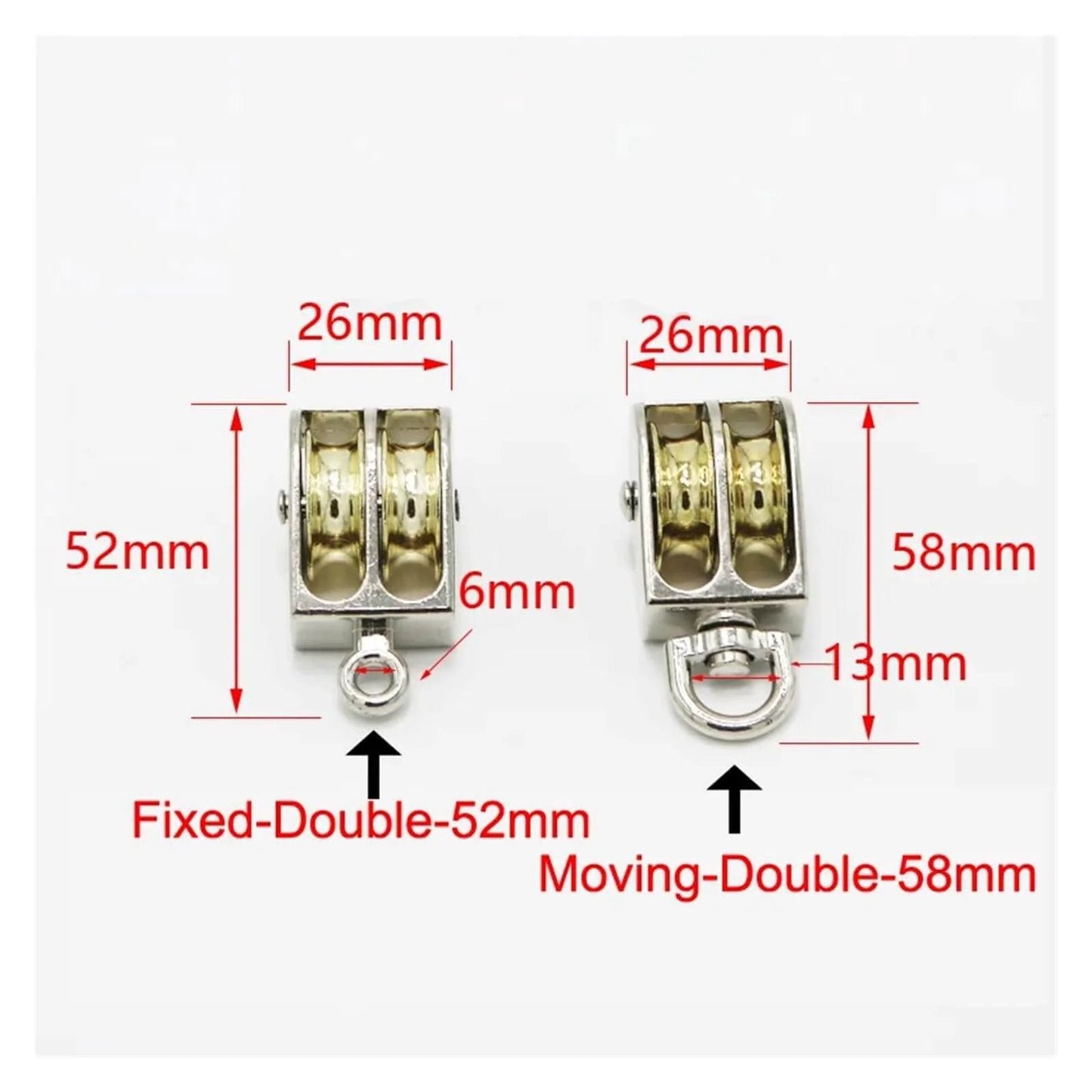 Comparison of Fixed-Double-52mm and 58mm Metal Sheave Zinc Alloy Fixed Pulley Crown Block for lifting, showing dimensions.