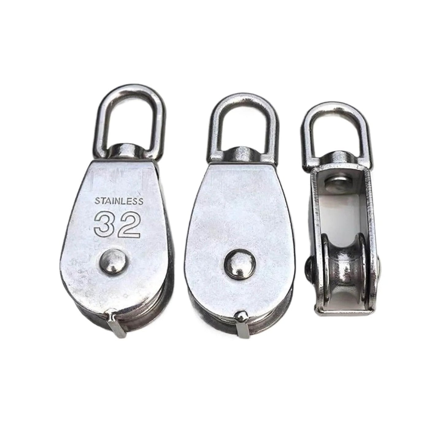 Front and side view of Metal Sheave Zinc Alloy Fixed Pulley Crown Block and Tackle Lifting Wheel Mini Single/Double Pulley for DIY(M25 Double)
