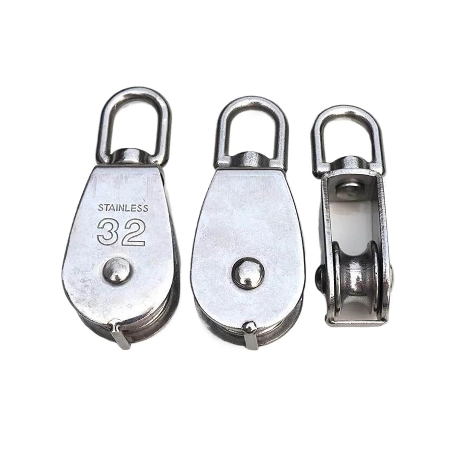 Front and side view of Metal Sheave Zinc Alloy Fixed Pulley Crown Block and Tackle Lifting Wheel Mini Single/Double Pulley for DIY(M25 Double)