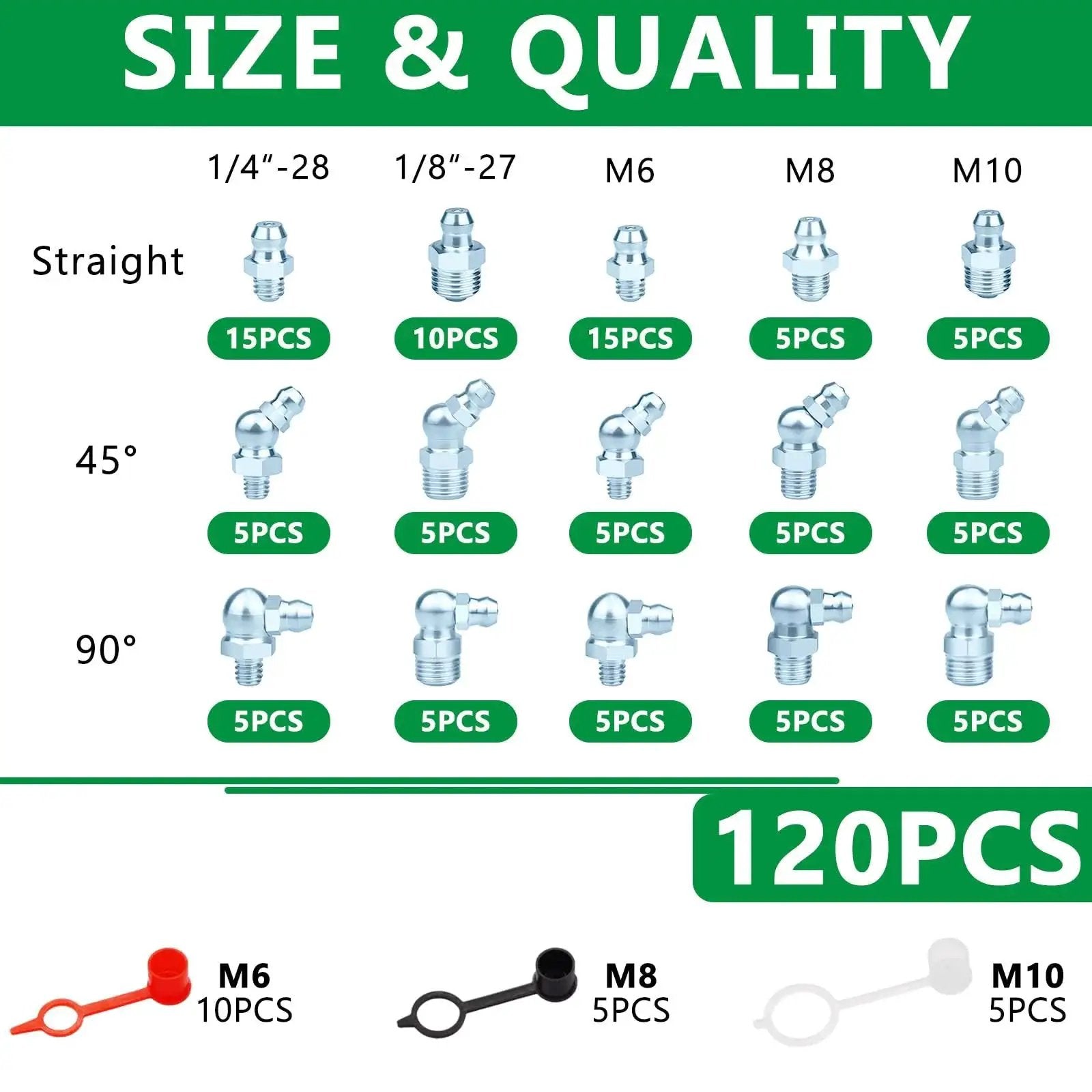 Premium Zinc Plated Steel Grease Fittings Kit with 120 Piece SAE and Metric Zerk Nipples Straight 45 Degree 90 Degree Options