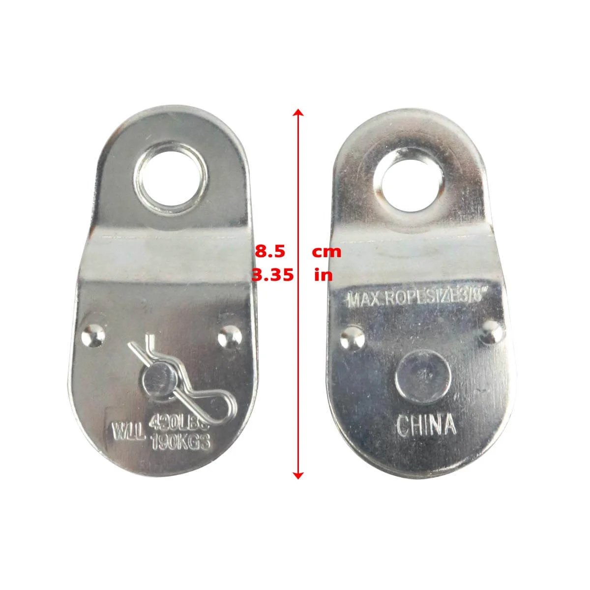 Back view of Zinc Plated Fixed Single Pulley Fixed Eye Steel Pulley 1-1/2" (2 Pack) showing measurement details.
