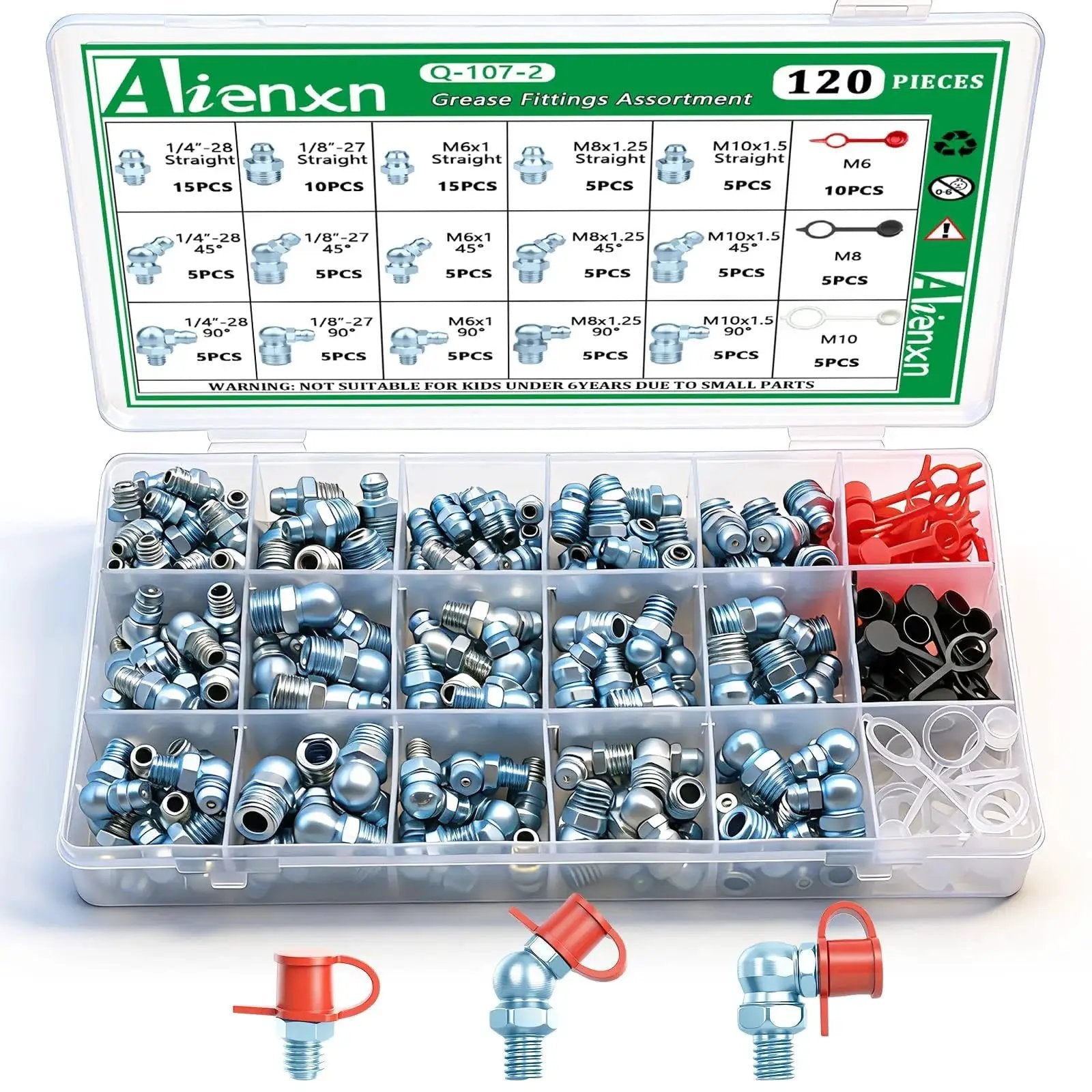 Premium Zinc Plated Steel Grease Fittings Kit With 120 Piece SAE And Metric Zerk Nipples in storage case, Aienxn