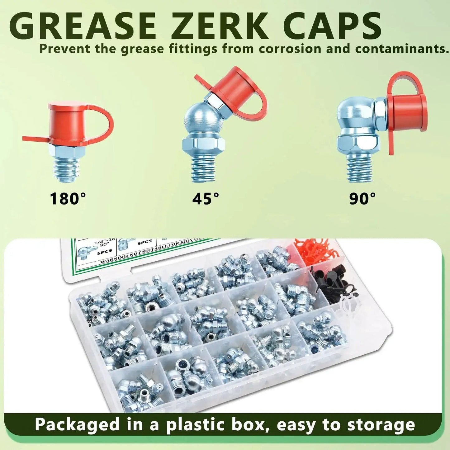 Premium Zinc Plated Steel Grease Fittings Kit With 120 Piece SAE And Metric Zerk Nipples and plastic caps in storage box