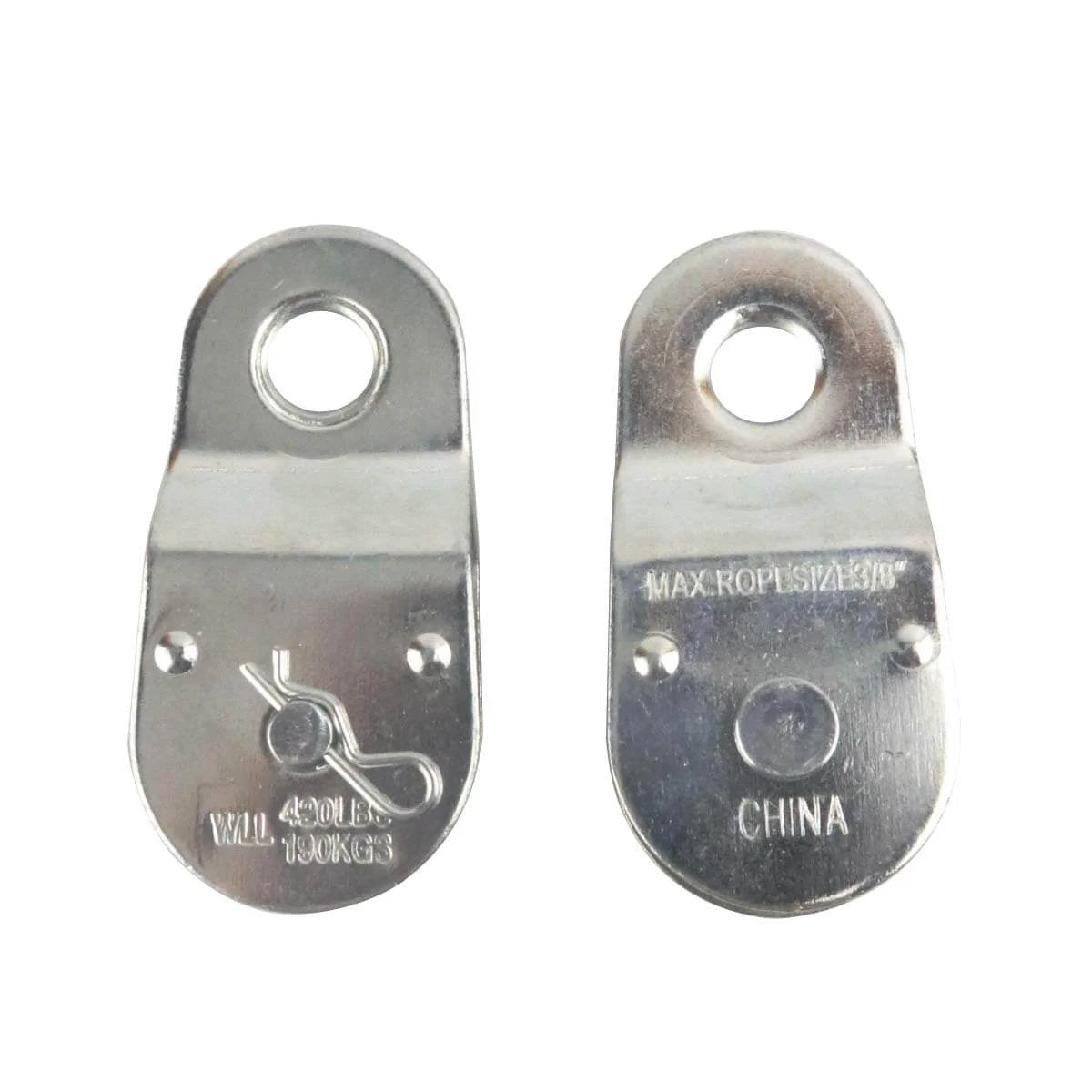 Front view of Zinc Plated Fixed Single Pulley Fixed Eye Steel Pulley 1-1/2" (2 Pack) displaying maximum weight and origin markings