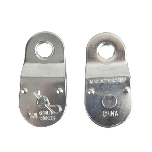 Front view of Zinc Plated Fixed Single Pulley Fixed Eye Steel Pulley 1-1/2" (2 Pack) displaying maximum weight and origin markings