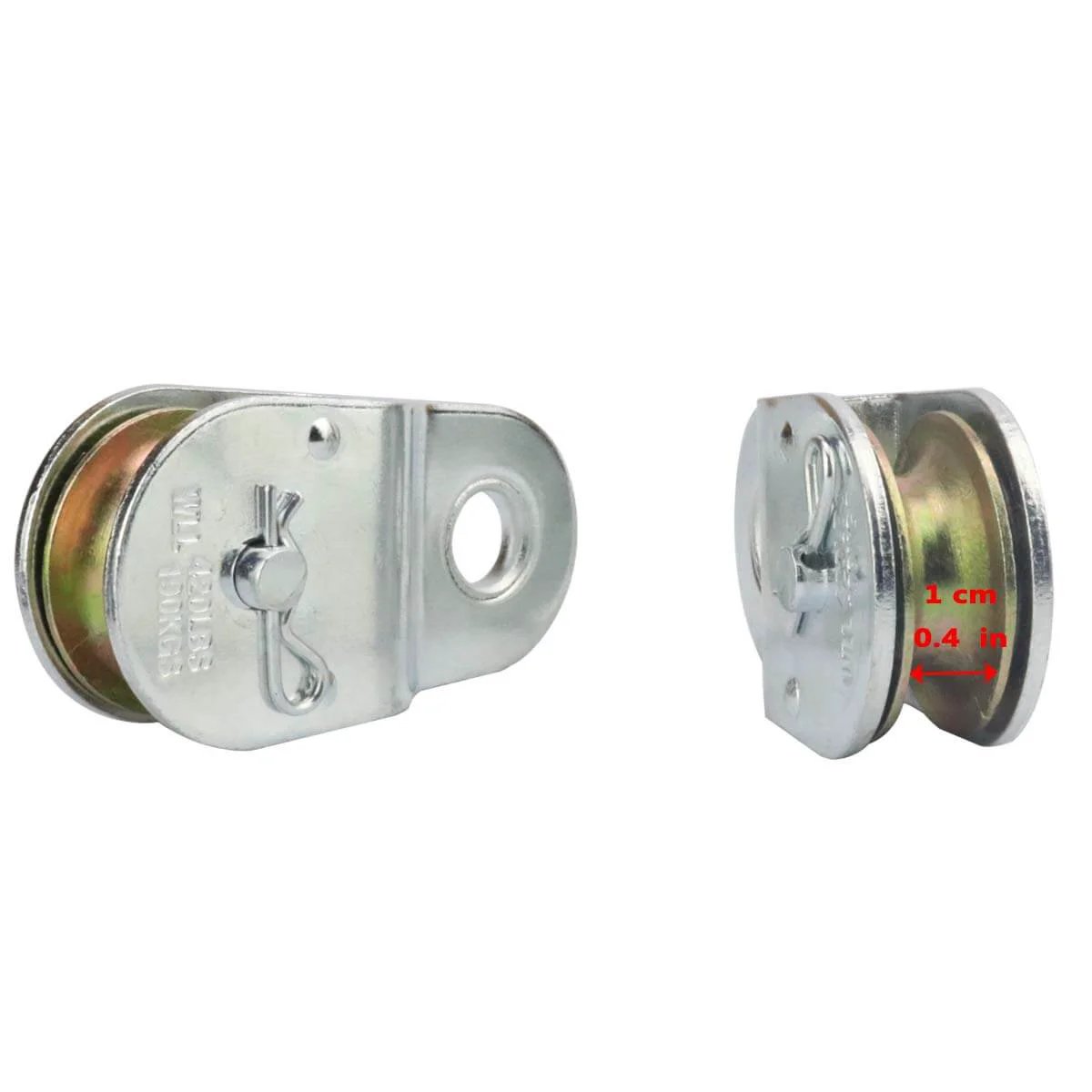 Zinc Plated Fixed Single Pulley Fixed Eye Steel Pulley 1-1/2" (2 Pack) showing front and side views